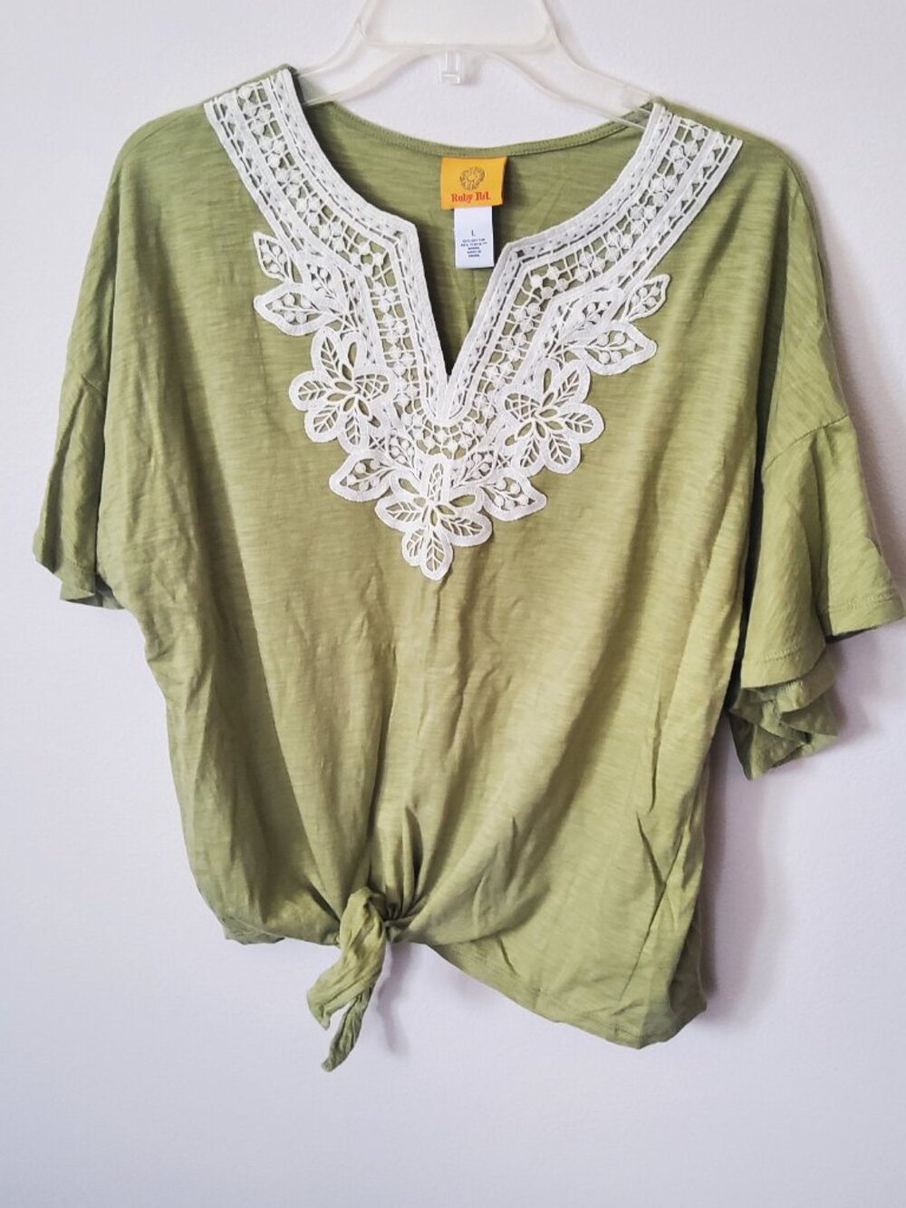 Ruby Rd Green tie front lace trim Blouse size L